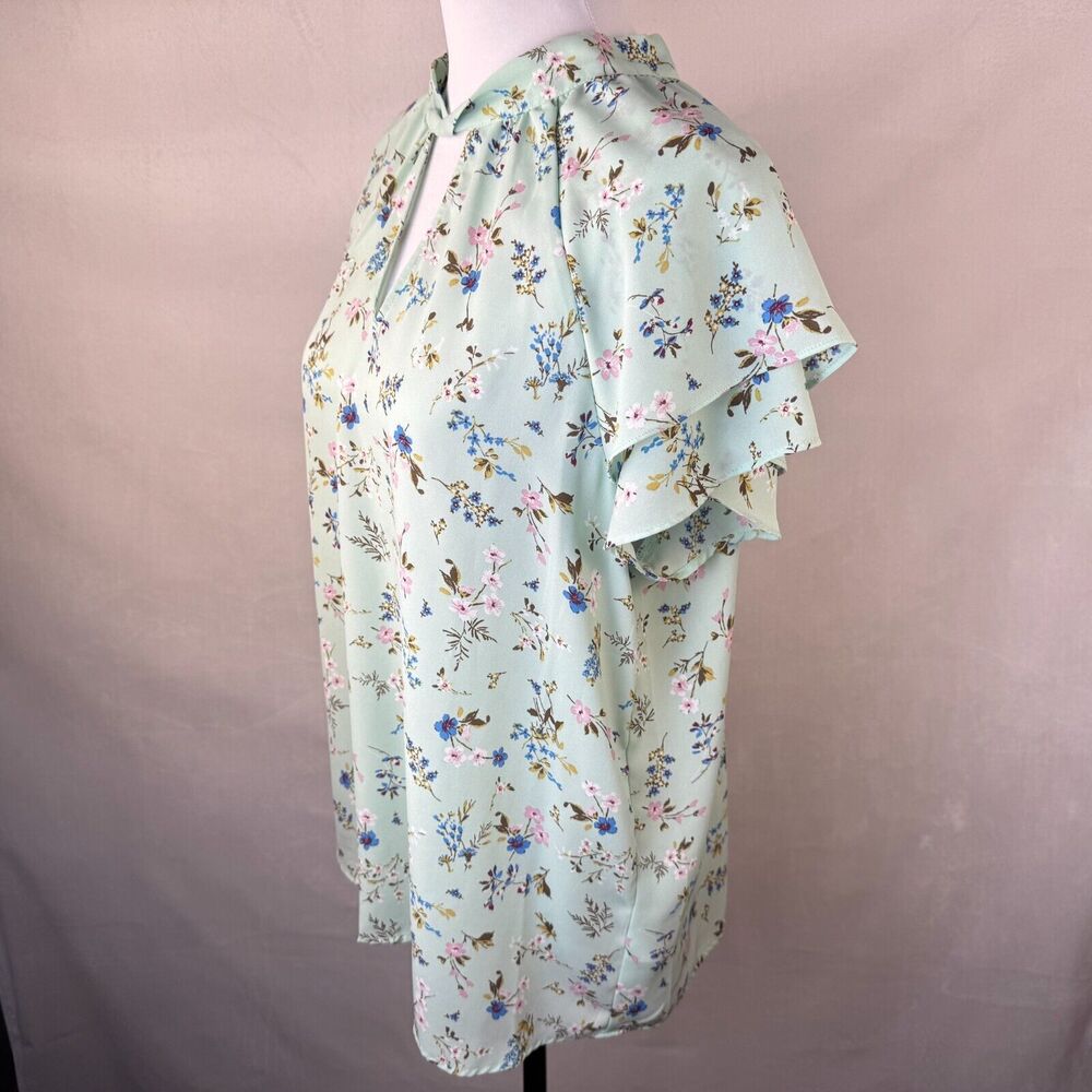 Pleione Top Sz L Sheer Green Floral Tie Around Neck Flutter Short Sleeve - Picture 3 of 7